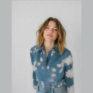 Country Store Blue White Embroidered Floral Long Sleeve Blouse Shirt Jacket S